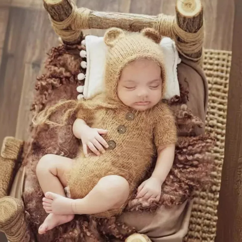 Newborn Photography Outfit Mohair Hand-knitted Teddy Bear Ears Hat + Rompers Baby Photo Props Infant Photoshoot Accessories