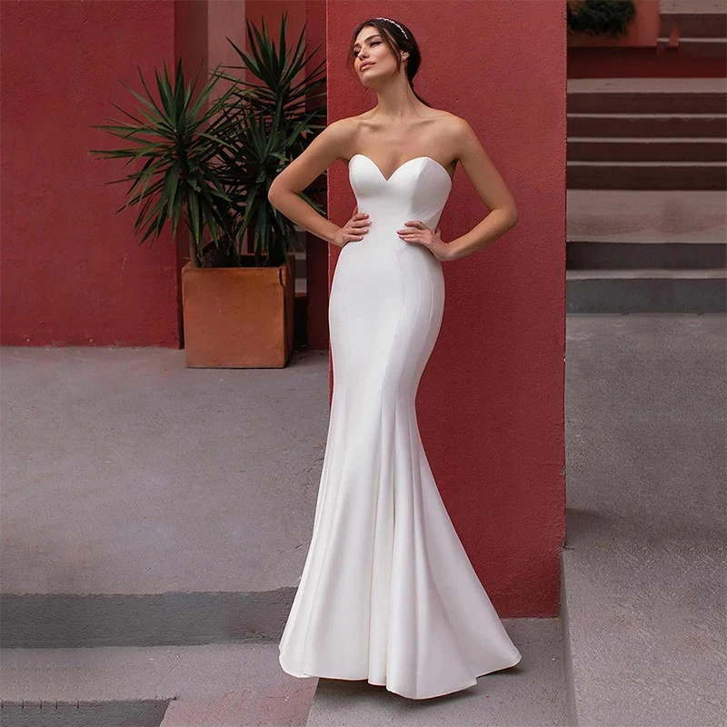 

Satin Strapless White Bridal Gown Mermaid Sleeveless Sexy Women's Wedding Welcome Dress Beach Wedding Party Dress Vesidos Mariag