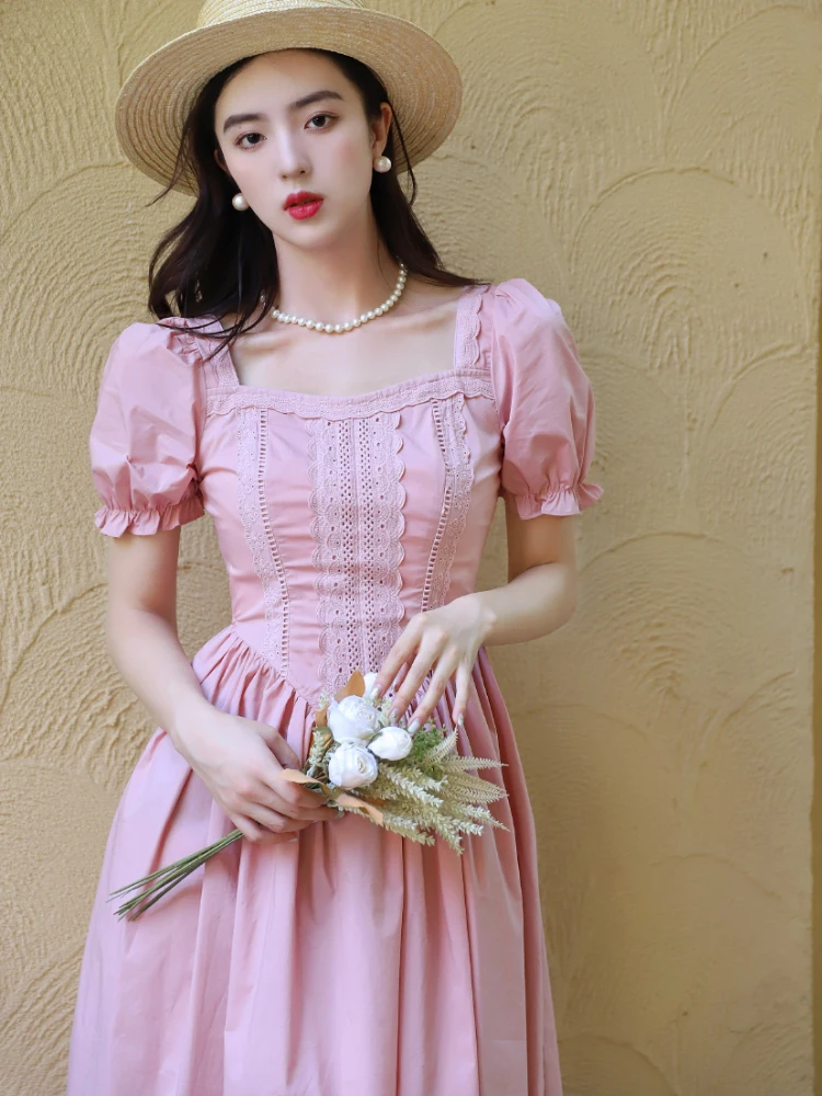 

Summer New Pink Dress Gentle Fairy Short Sleeve Square Collar Slimming Dress French Style High Waist Bubble Sleeve Polyester ...
