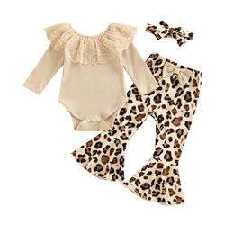 Infant Baby Girls 3pc Outfit Lace Ruffles Knitted Ribbed Long Sleeve Romper + Leopard/Floral Print Flare Pants + Headband Set