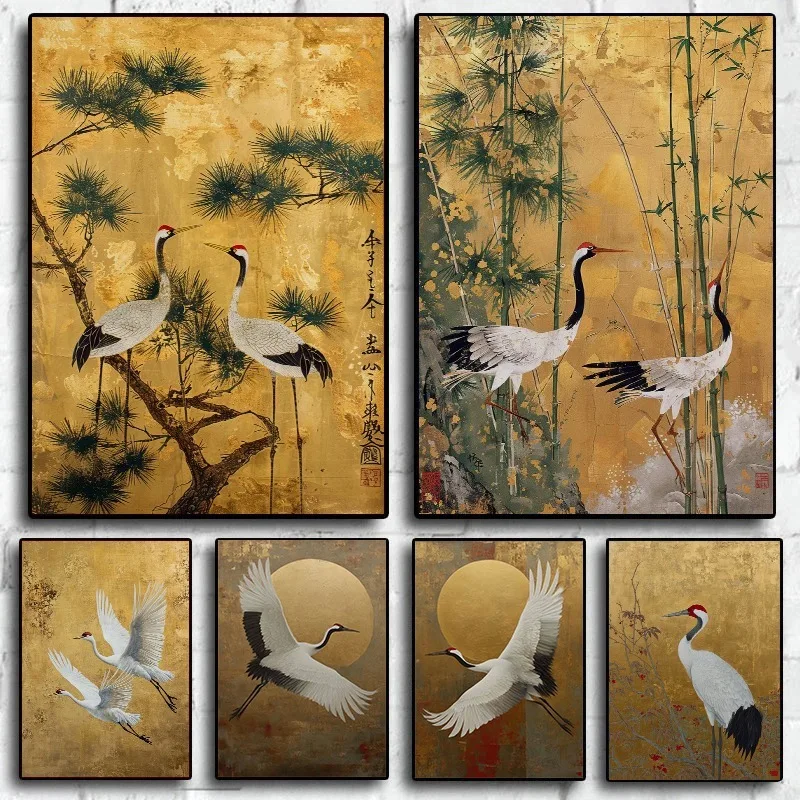 Japanese Elegant Crane Birds Nature Poster Flying Cranes in Gold and White Canvas Painting Asian Wall Art Living Room Home De