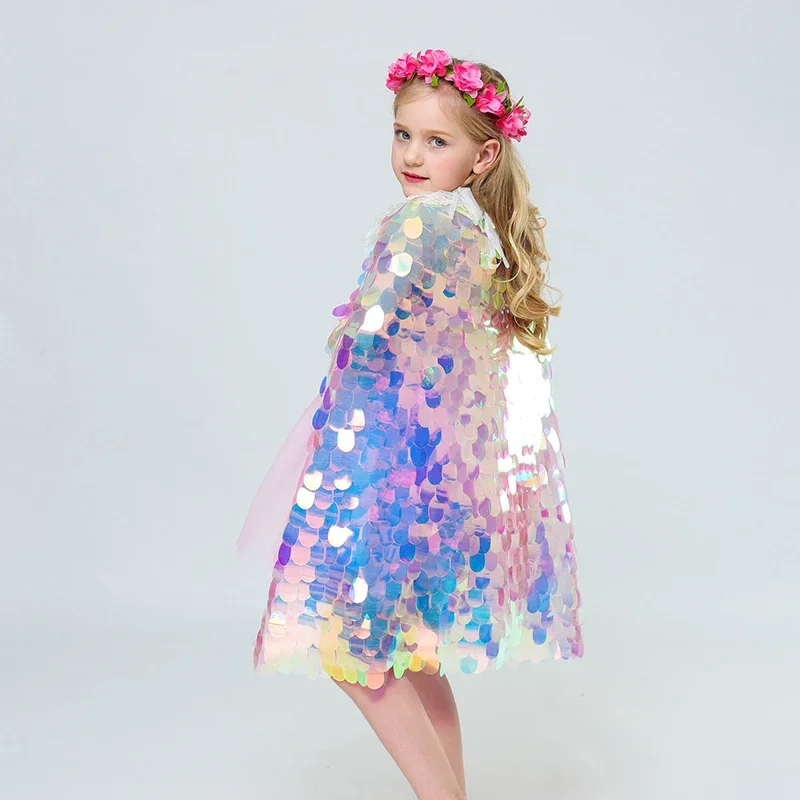 Fashion Glitter Multicolor Sequins Shawl Shiny Girls Cloak Blingbling Fairy Princess Cape Christmas Party Halloween Kids Clothes