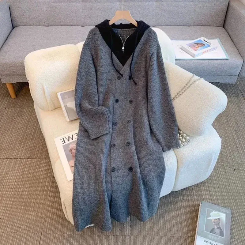 Autumn Winter New Cardigan Sweater Women Fake Two-piece Double Breasted Knitt Coat Female Loose Hooded Sweater Overcoat Lady Top