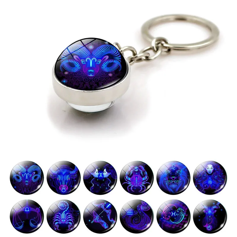 المعلقات الكرة الزجاجية 12 كوكبة المفاتيح الإبداعية هدية للنساء الرجال زودياك تسجيل مفاتيح معدنية حلقة حقيبة الموضة الملحقات