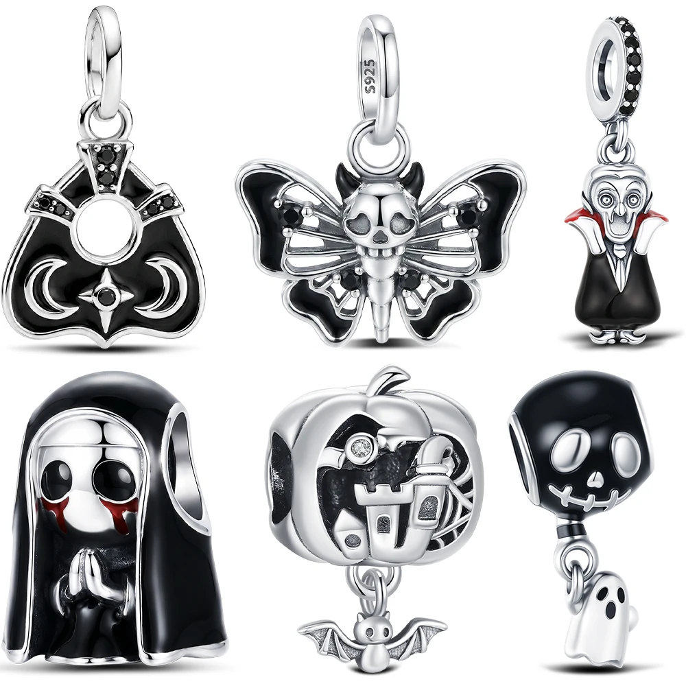 925 Sterling Silver Gothic Halloween Charm Moon Bat Coffin Butterfly Skull Vampire Ghost Nun Bead Fit Original Bracelet For Girl