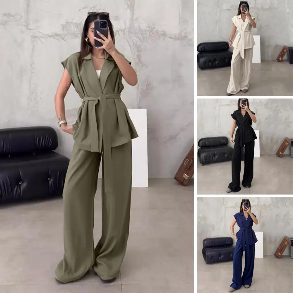 

Women Floor-length Pants with Pockets Elegant Women's Suit Set with V Neck Waistcoat High Waist Pants for Business Outfit Lady