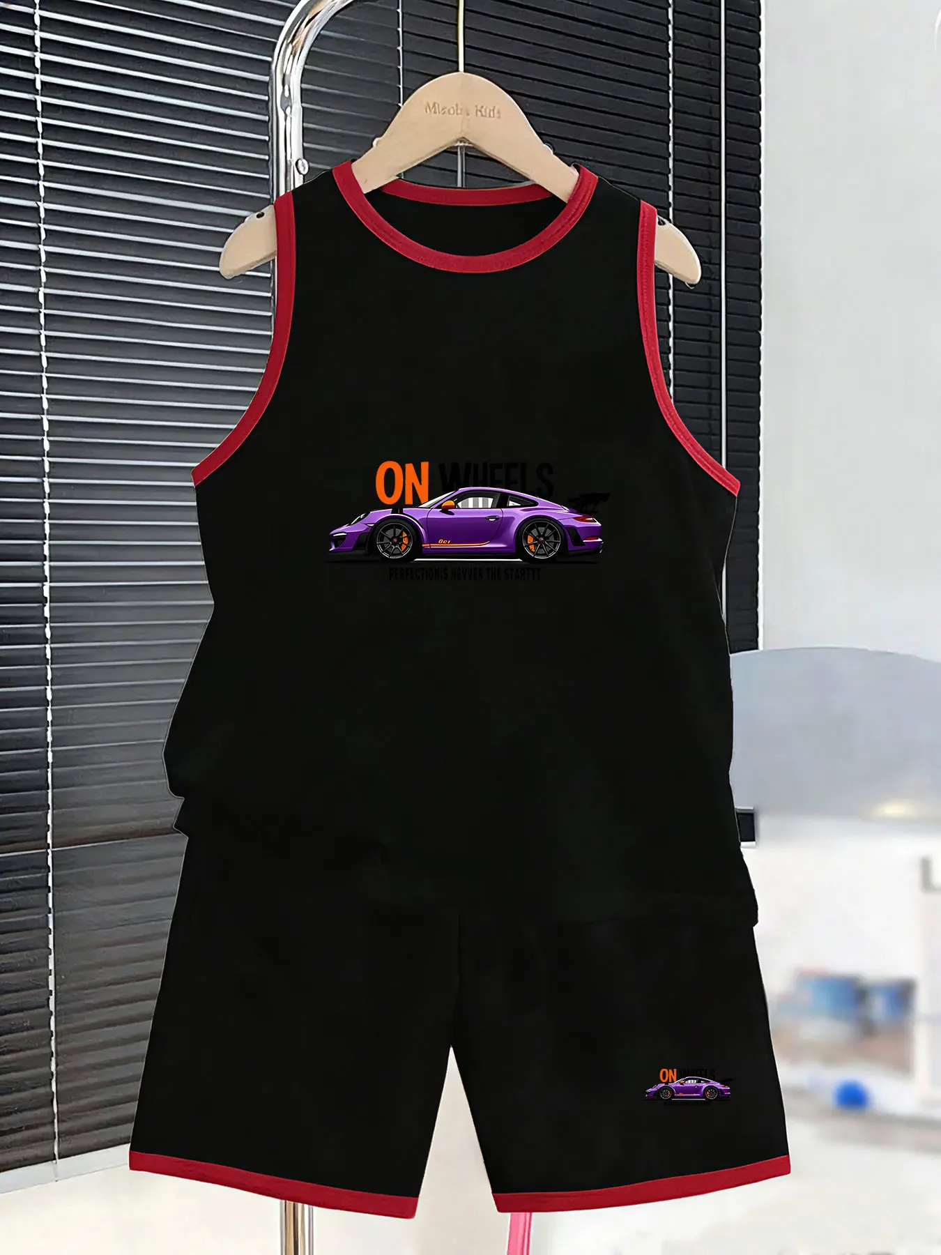 Cool Sports Car-Themed Tank Top and Shorts Set for Boys, Creating a Dynamic Summer Look. Selected breathable and skin-friendly f