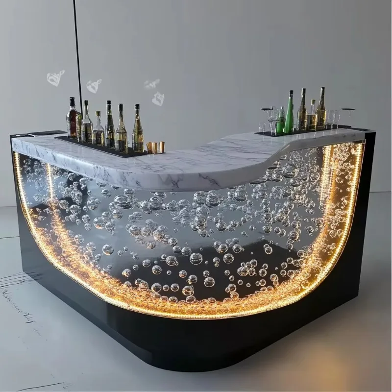 Hotel Restaurant Bar Counter Modern Design Light Emitting Diode Agate Translucent Marble Top Gold U-Shaped Nightclub Bar Counter