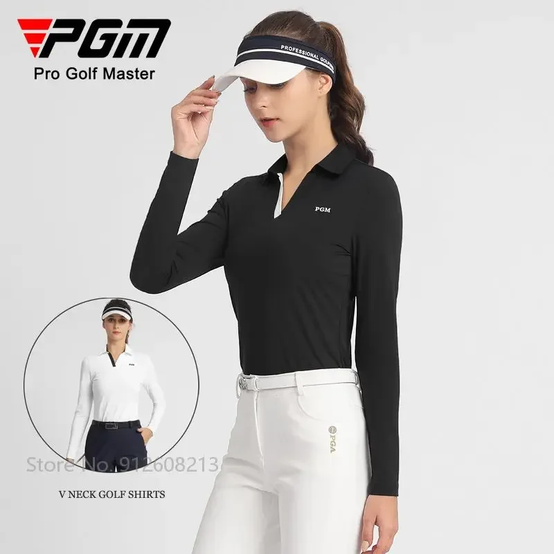 

PGM Ladies Long-sleeve Windproof Training T-Shirts Women V Neck Golf Shirts Casual Warm Sports Wear Girl Soft Elastic Tops S-XL