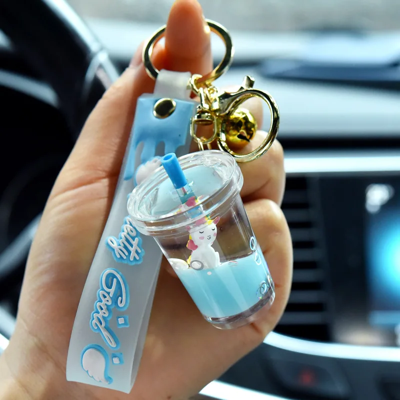 Transparente Bolha Chá Xícara Chaveiro, Cartoon Liquid Quicksand Quicksand Unicórnio Em Óleo Keyfob, Flutuante Anel Coração, Lantejoula Chaveiro