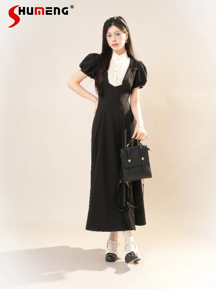 

Japanese Elegant Nun Dark Black Long Dresses Stand Collar Bubble Short Sleeves High Waist Slim A-line Lolita Dress Women Summer