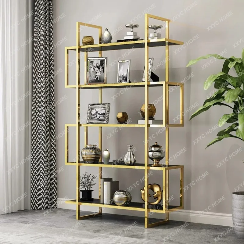 Light luxury stainless steel bookshelf shelf floor-to-ceiling living room simple modern creative display shelf Bogu shelf