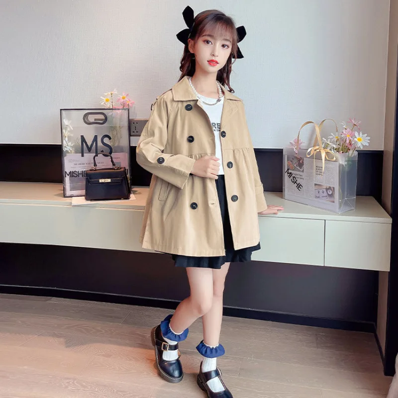 ملابس خارجية للفتيات للربيع والخريف النسخة الكورية سترة واقية كاكي مزدوجة الصدر مع مزاج عصري وأنيق #3