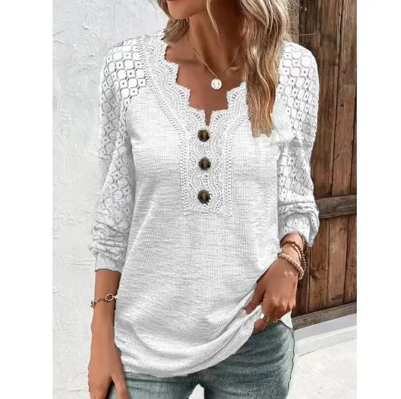 APIPEE New Comfortable Casual Lace Long Sleeve Patchwork V-Neck Pullover Women's T-Shirt Solid Casual Streetwear Fashion Clothes