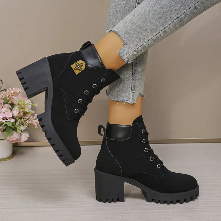 Women's Round Short Boots Plus Size Fashion Women's Shoes New Autumn and Winter Trend Simple and Warm High-heeled Western Boots
