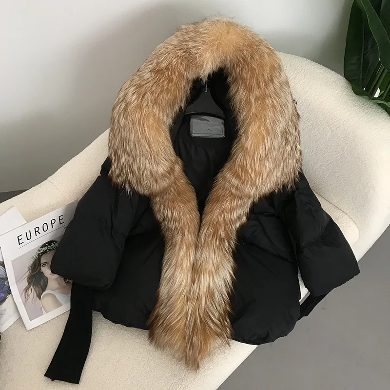 

2023 new autumn/winter women's down jacket with large fur collar and fox fur short hooded fashionable jacket for women