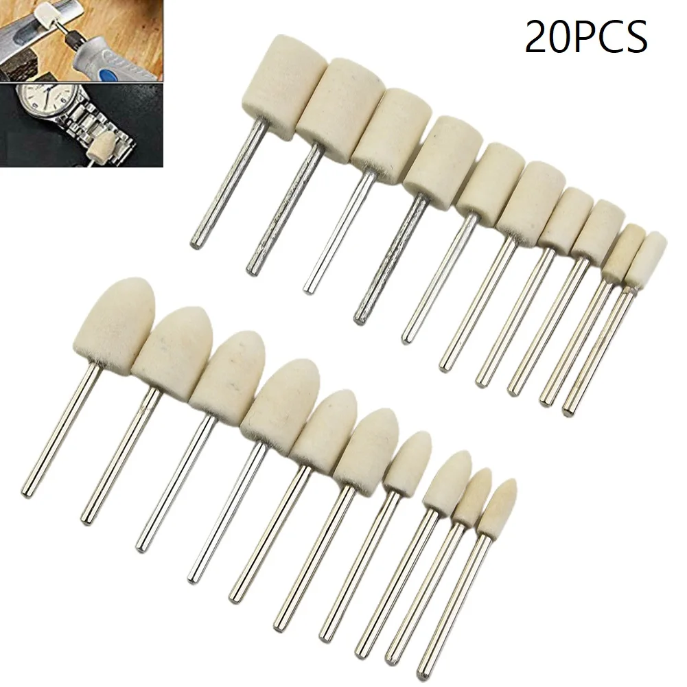 20 Pieces 4/6/8/10/12mm Wool Felt Mounted Polishing Buffing Wheel Grinding Head Drill Rotary Tool Kit Abrasive Tools