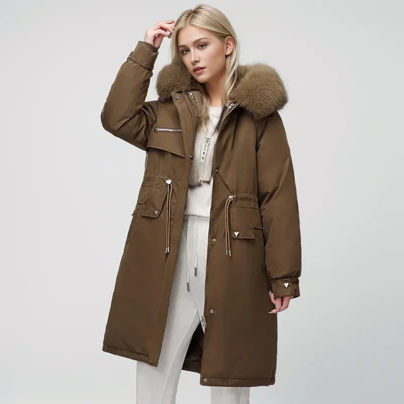 2024 New Winter Women Parka Clothes Loose Long Coat Wool Liner Hooded Down Cotton Jacket Fur Collar Thick Warm Snow Wear Padded