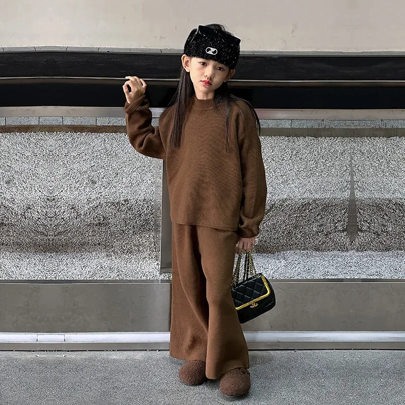 Girl Knitted Clothes Set Outfit Teenager Sweaters Wide Leg Pants Two Pieces Children kids Brown Suits 8 10 12 14 ensemble fille