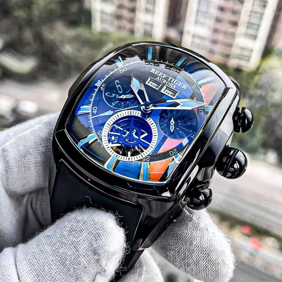 

Reef Tiger Men Automatic Watch 47mm Tonneau Mechanical Wristwatch Luminous Multi-Dial Year Month Week Date Flywheel