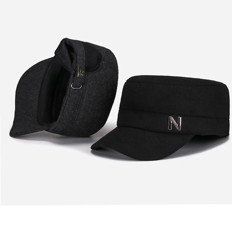 Autumn Winter Men Woolen Felt Flat Top Cap Hat with Velvet Warm Earflaps Outdoor Casual Baseball Caps Casquette Male Cotton Hat