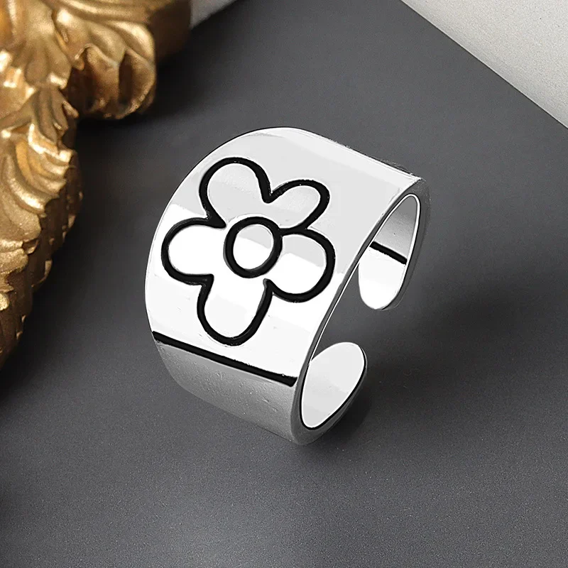 2025 New Style Simple Trendy Silver Color Lovely Flower Adjustable Ring Retro Fashion Flow Open Rings