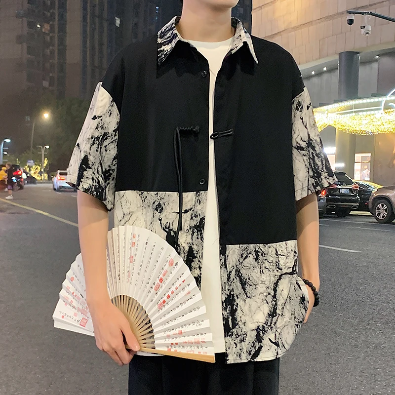 Camicie estive da uomo in stile cinese Casual Streetwear manica corta con bottoni a rana colletto rovesciato camicie hawaiane a maniche corte M-5XL