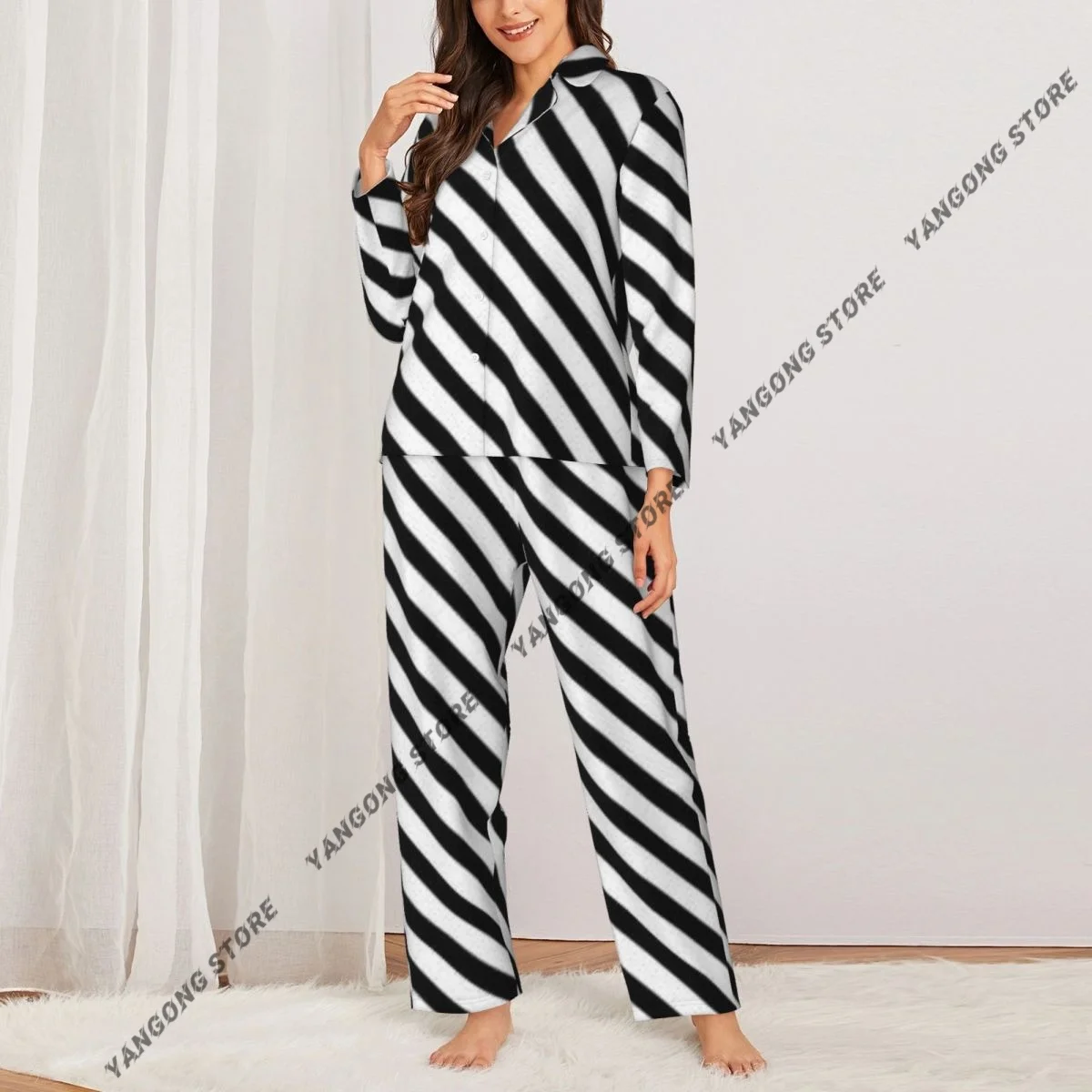 Spring and Autumn Pajama Set Women's Long Sleeve Pants Two Piece Straight Line Black And White Pattern Home Furnishing Set