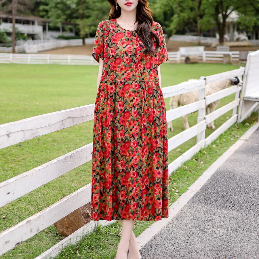 New 2024 Summer Dress Long Vintage Loose Women Elegant Sundress Short Sleeve Dress Casual O-neck Dresses Print Plus Size