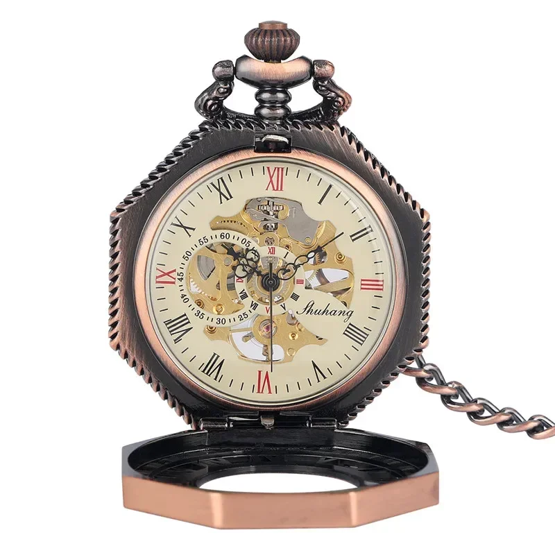 Vintage Red Copper Octagon Design Clock Skeleton Handwinding Mechanical Pocket Watch for Men Women Roman Number FOB Chain