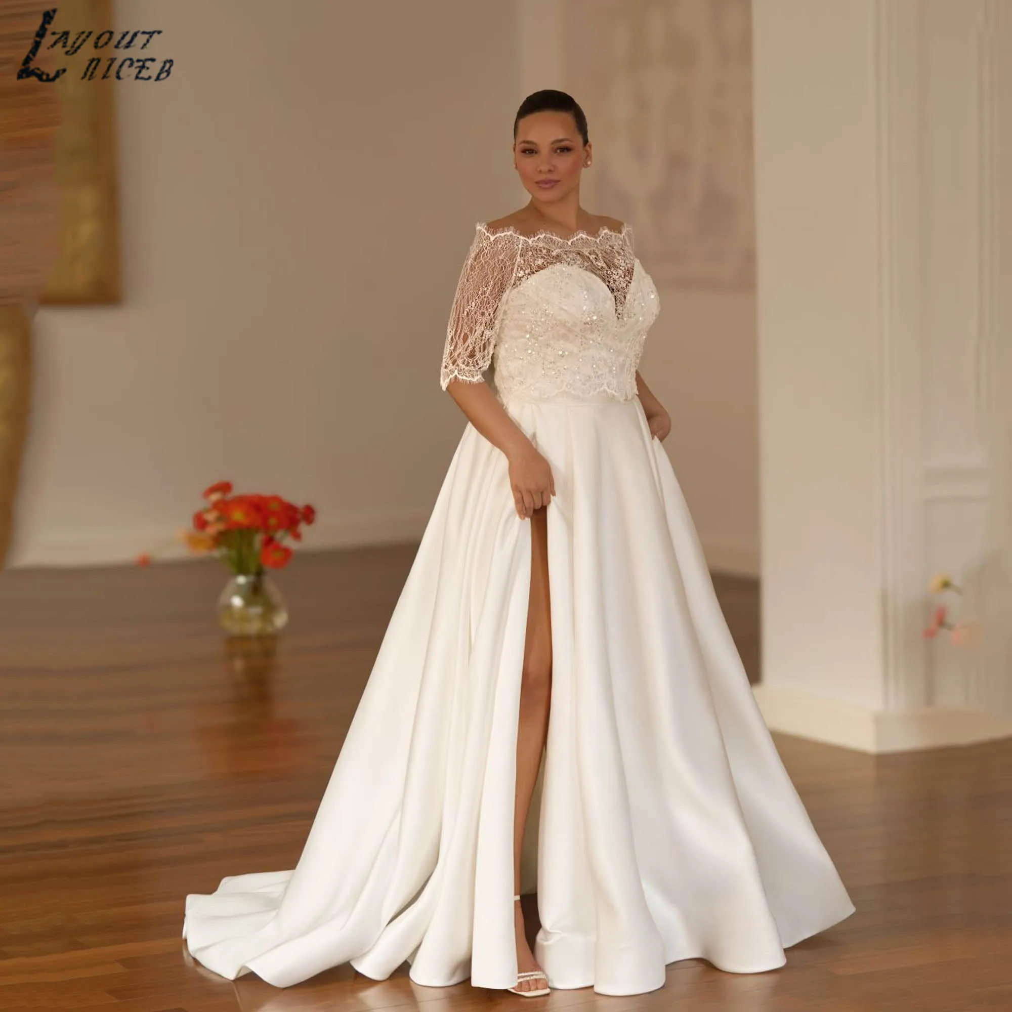 Satin A-line Slit Wedding Dresses With Lace Jacket Plus Size Bridal Gowns Minimalist Strapless vestidos de novia 2025 Customized