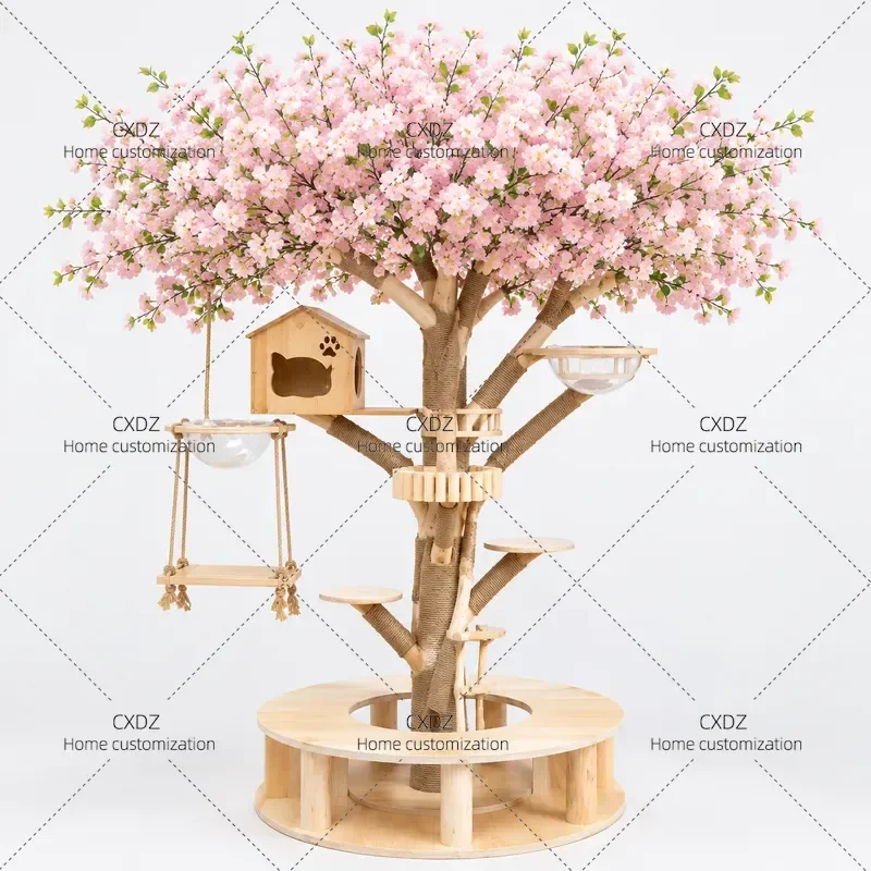 Large Cat Climbing Frame Solid Wood Real Trunk Tree Shaped Cat Nest Integrated Wear Resistant No Punching Base Jumping