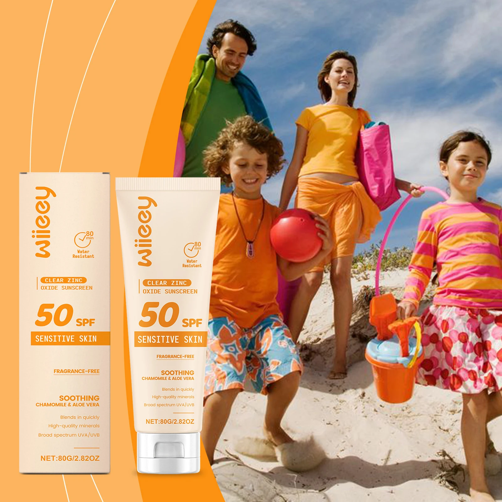 80g Mineral Sunscreen for Sensitive Skin SPF50 Clear Zinc-Oxide Sun Cream Broad-Spectrum UVA/UVB Protection Waterproof Sweatproo