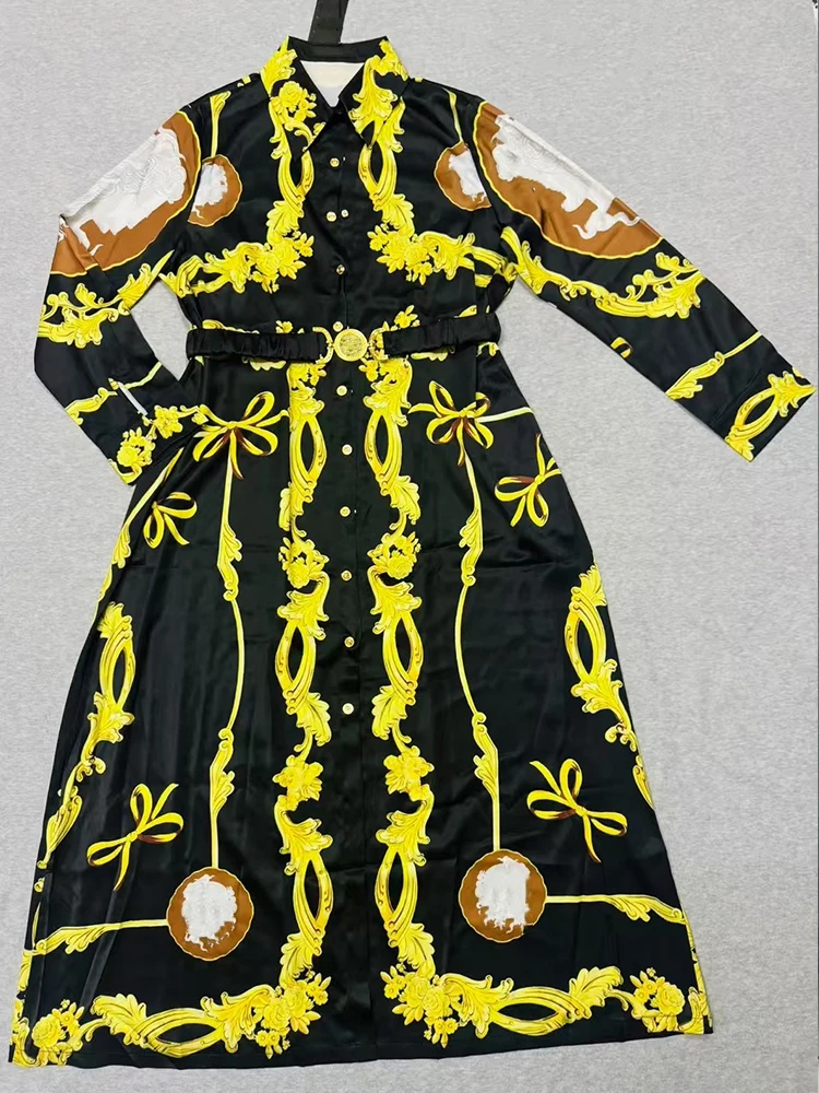 

Spring 2025 new fashion geometric printing single-breasted swing A-line skirt elegant temperament long sleeve with belt long dre