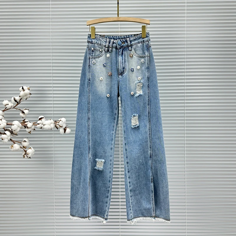 

Ripped Diamond Beaded Denim Trousers, Women's Tide 2025 New Spring Fall High Waist Loose Versatile Split Wide Leg Trousers Jeans