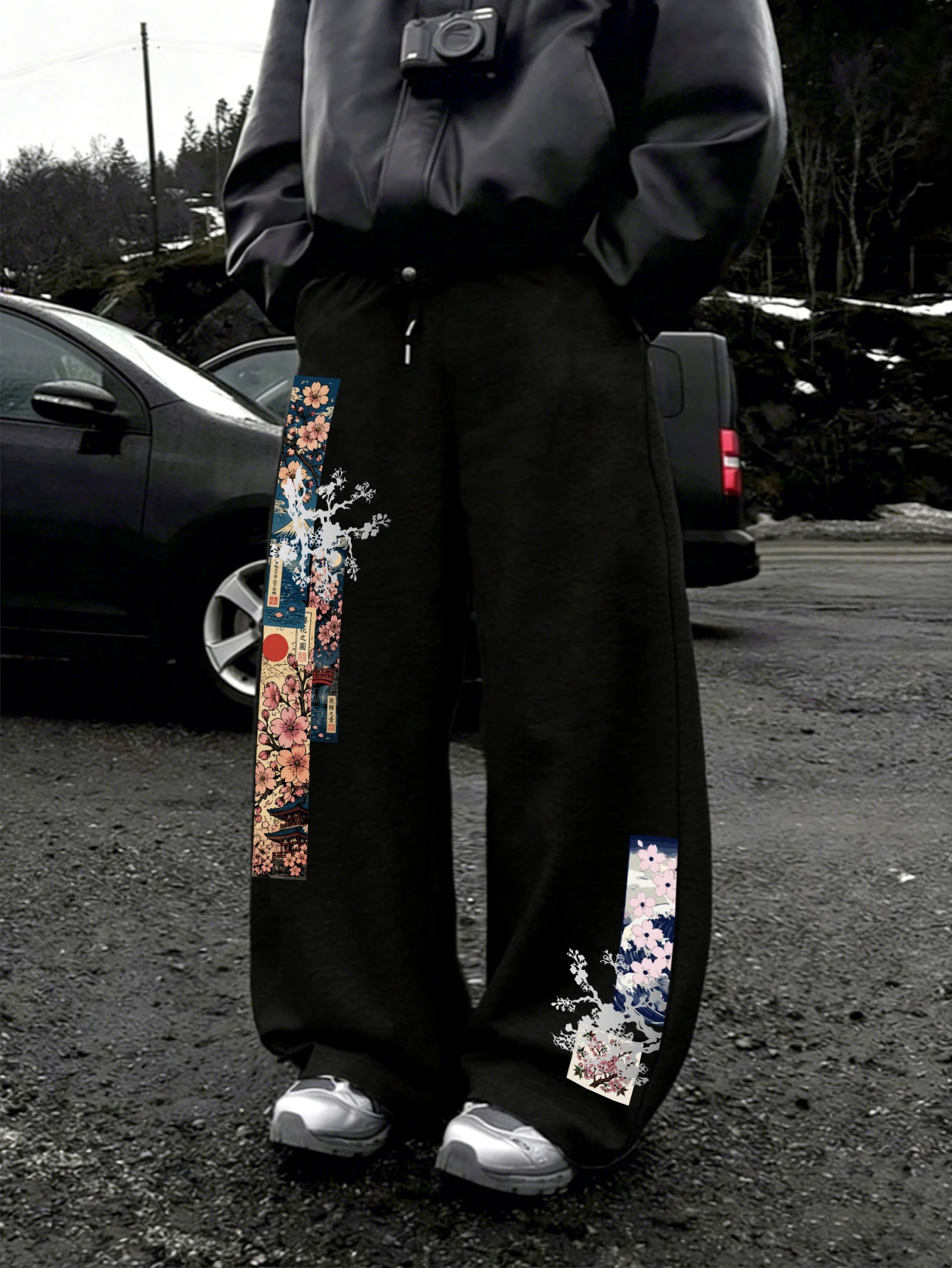 Men Harajuku Wide Leg Jogger Pants, Dual-Leg Japanese Ukiyo-e Cherry Blossom Torii PagodaMountFujiPrintDrawstringBaggyStreetwear