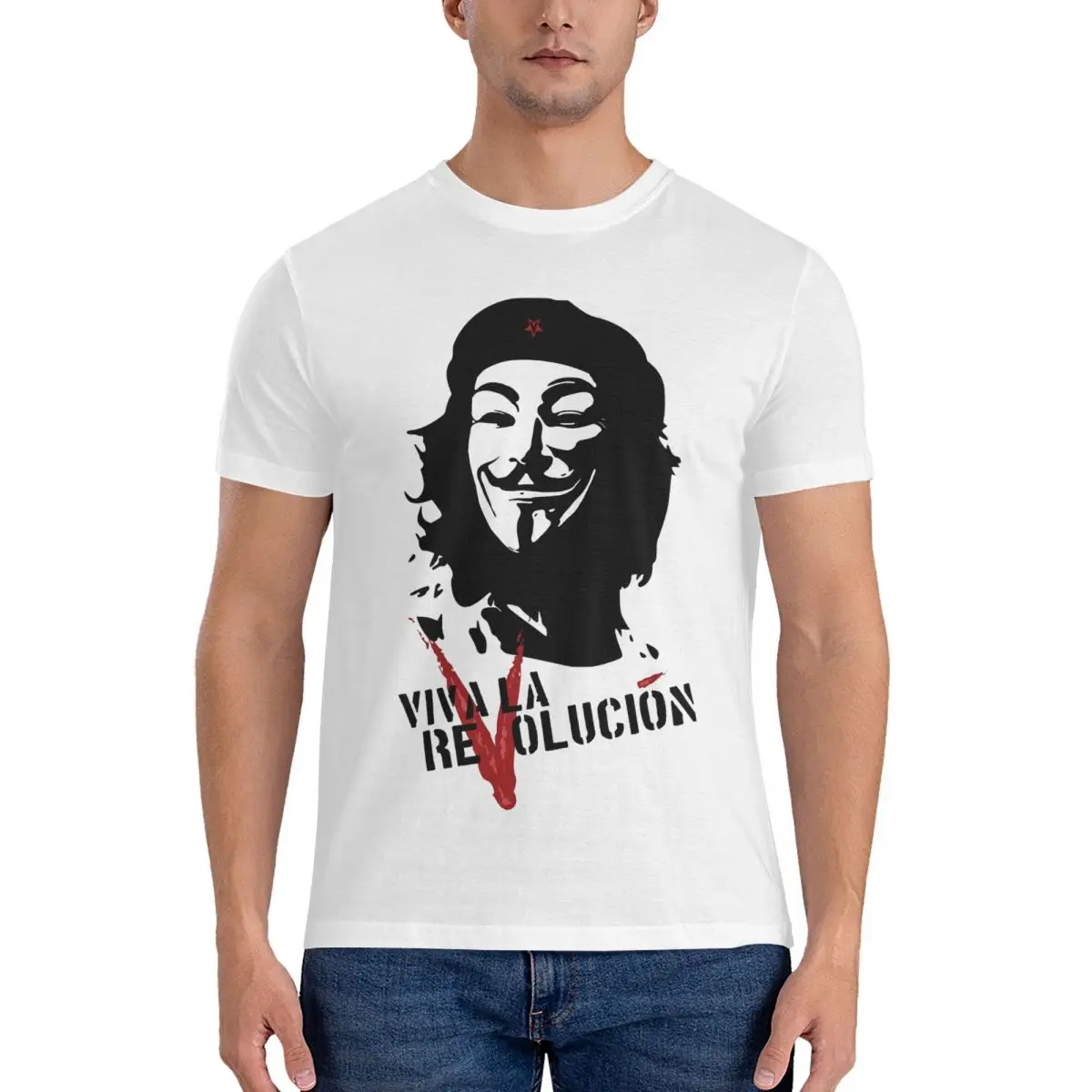 Viva La Revolucin T Shirts for Men Cotton Unique T-Shirt Crew Neck V For Vendetta Tee Shirt Short Sleeve Clothing Adult