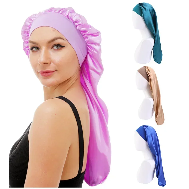 

Women's Stretch Wide Brim Satin Long Tube Nightcap Satin Hair Care Cap Long Hair Shower Cap