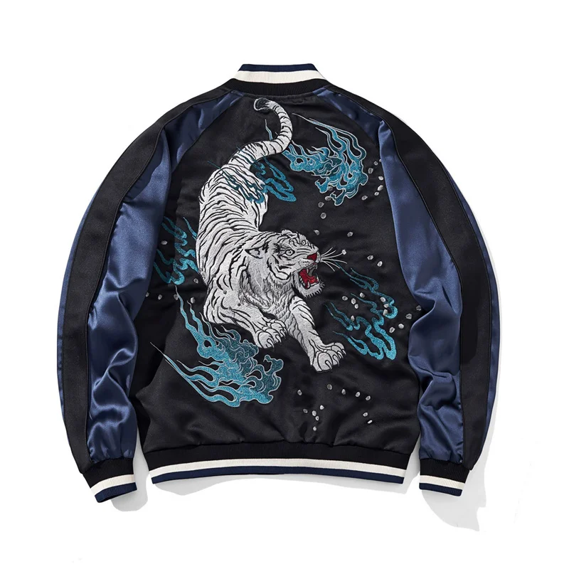 

Stand Collar Jackets For Man Heavy Embroidery Tiger Zipper Loose Autumn Quality Polyester Harajuku Fashion Chamarras Para Hombre