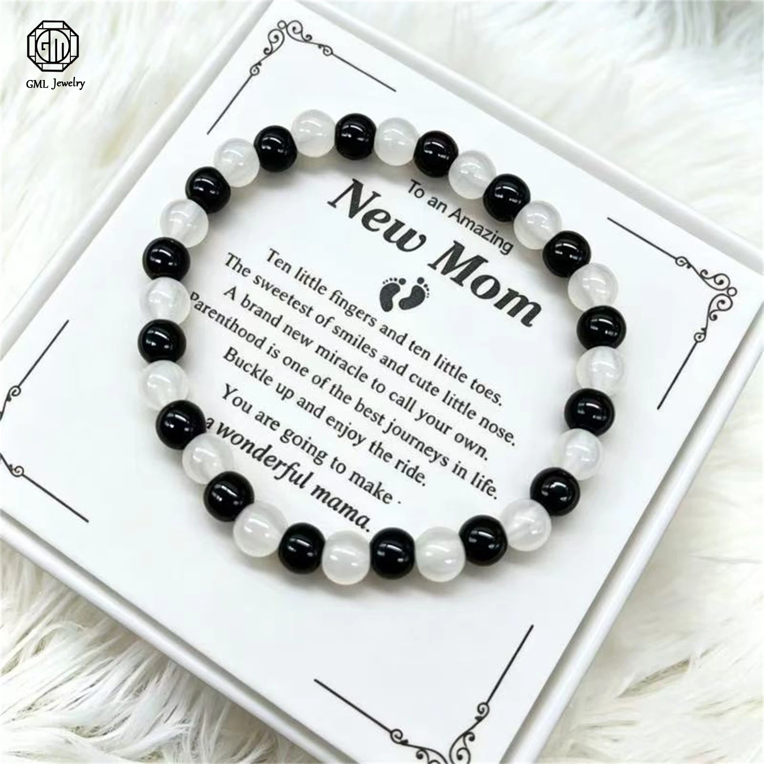 Natural Black Obsidian White Jade Beaded Bracelet Unisex Men Women High End Gemstone Retro Daily Ethnic Style Jewelry Gift