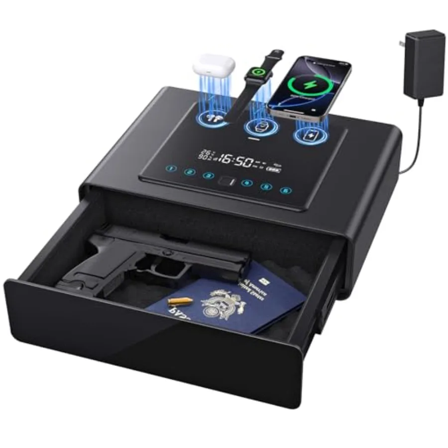 

Умный биометрический сейф для пистолетов с отпечатком пальца, будильником, беспроводной зарядкой 3-в-1, бесшумным выдвижным ящиком и ЖК-дисплеем