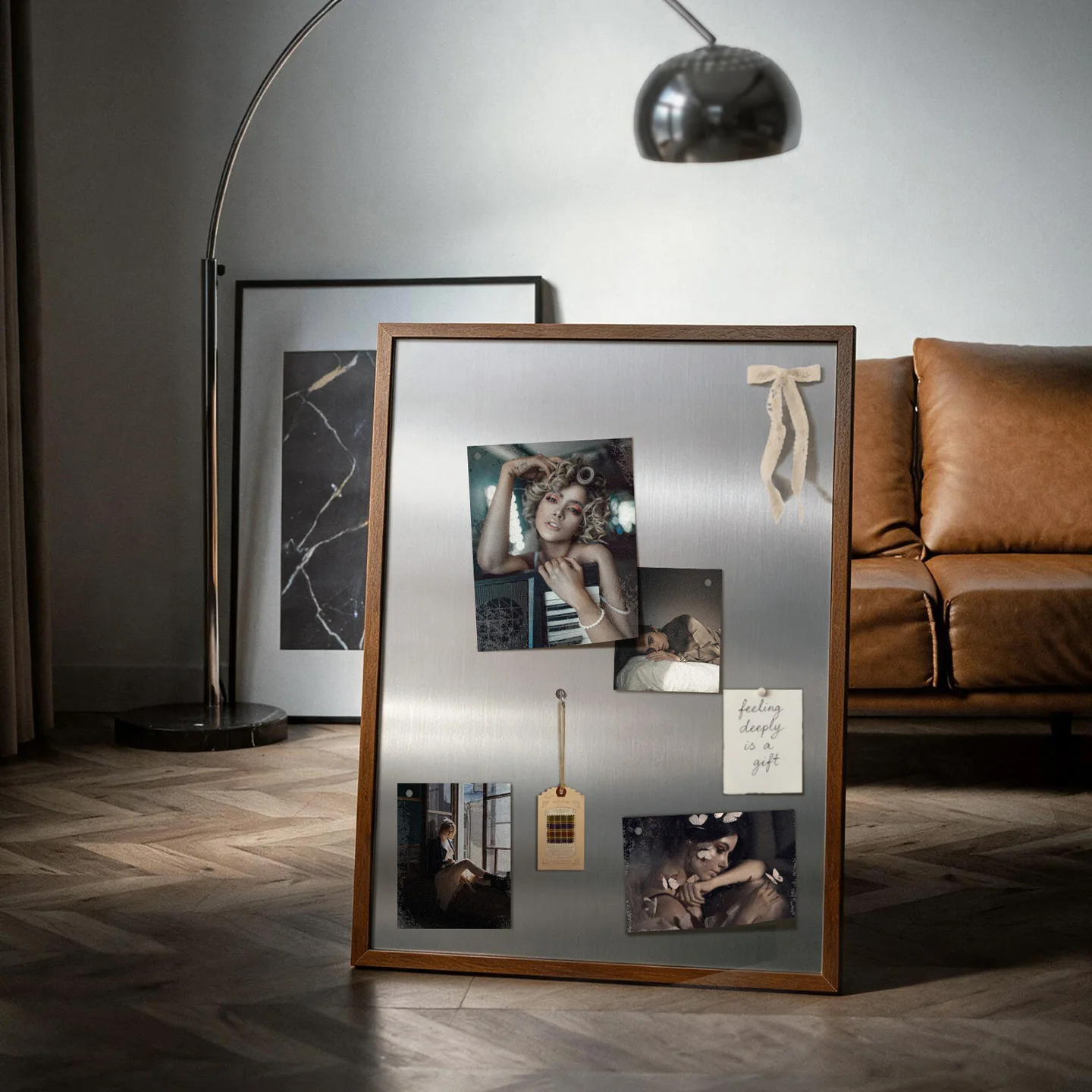 Wooden Frame Magnetic Board Stainless Steel Photo Display Wall Mounted Bulletin Memo Board with Magnets for Home Office Decor