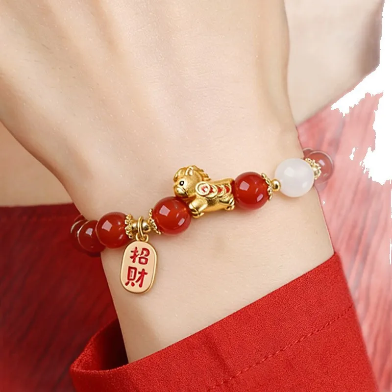 

2026 Year of the Horse Red Bracelet for Women Fortune Beads Hetian Jade Pony Red Agate Bracelet Gifts