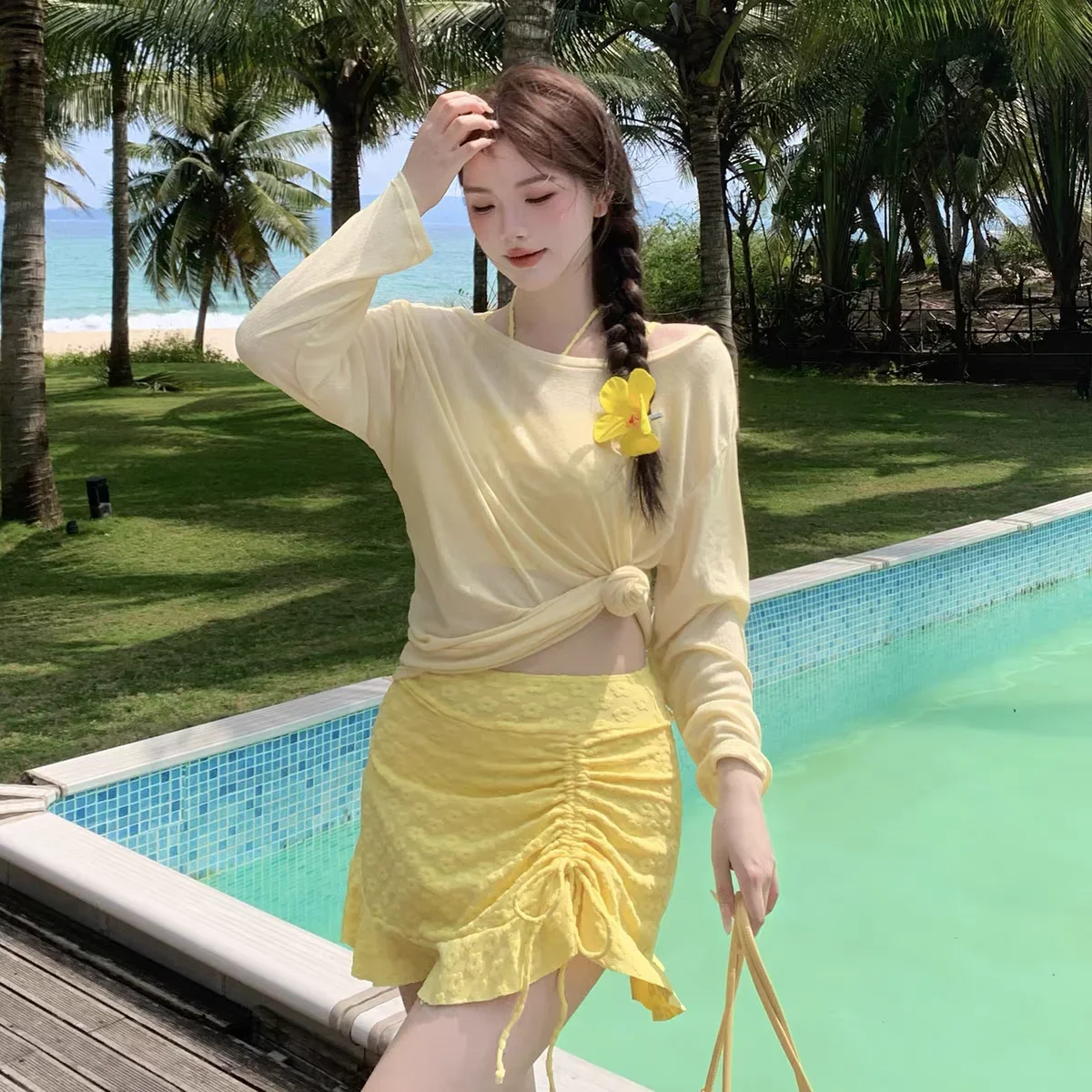 

Women's Three - Piece Separate Swimsuit Set with Long - Sleeve Cover - Up, Plus - Size, Hiding Flaws for Slightly Chubby Figures