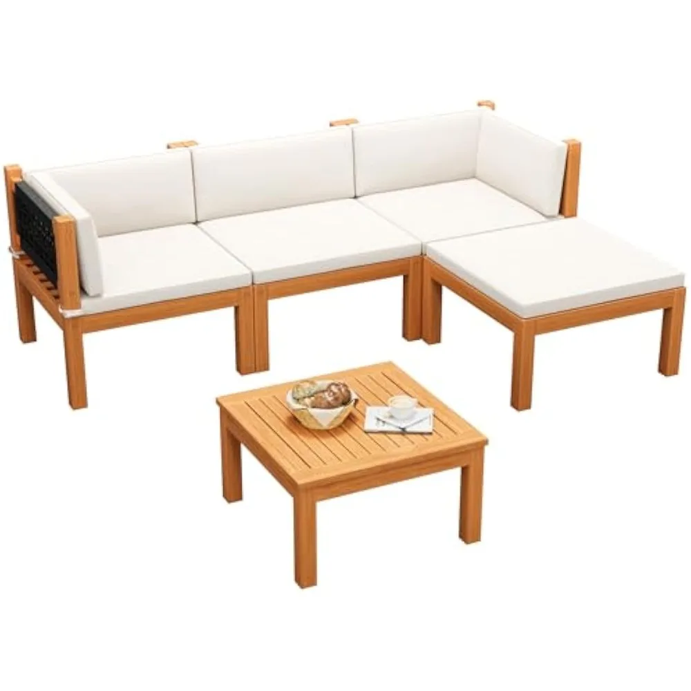 Outdoor Sectional Couch Patio Sectional Sofa with Acacia Wood Table,5 Pieces Outdoor L-Shaped Couch with Soft Cushion for Patio