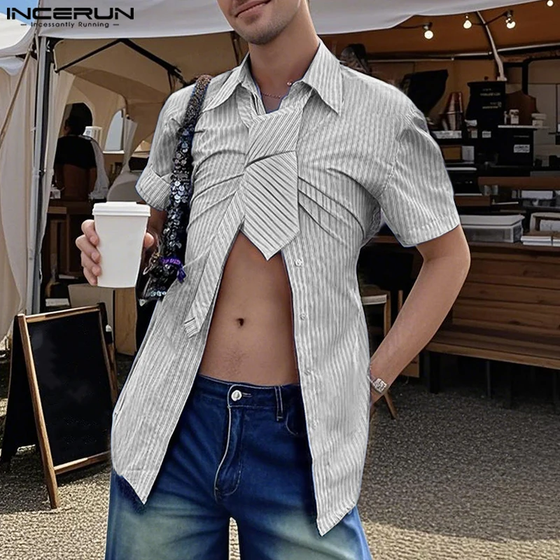 INCERUN hommes chemise rayée revers manches courtes cravate décontracté hommes vêtements chemises d'été Streetwear 2025 mode mâle hauts S-5XL