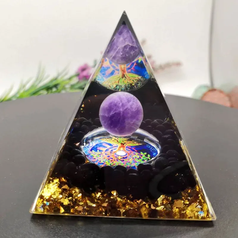 Energy Pyramid Reiki Natural Amethyst Ball Healing Crystals Chakra Tool Ornaments Resin Stones Craft Kids Gift Pyramid