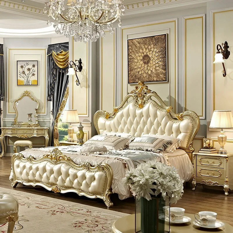 European Style Modern Carved Solid Wood Leather Wedding Bed 1.8 Meters Apartment Villa Oak Bedroom Furniture Luxury Royal Bed