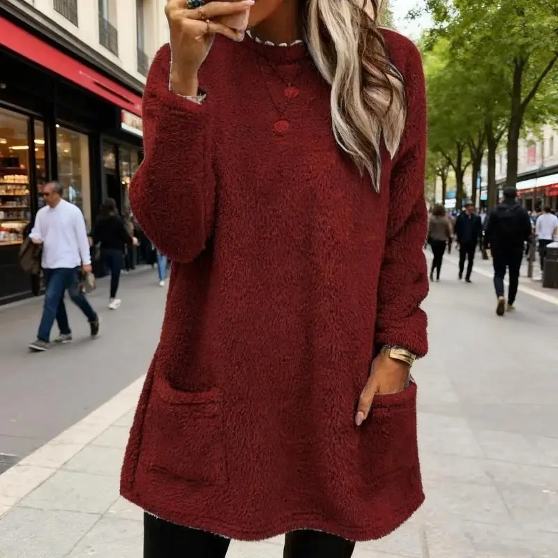 女性の長袖クルーネックフリースプルオーバー冬暖かいスウェットシャツファジーぬいぐるみチュニックトップポケット付きラウンジウェア