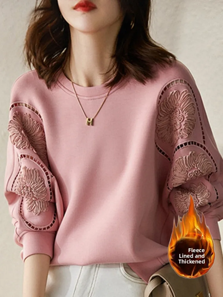 Bla Casual Long Sve Hoodie Women's round Ne Design Hollow out Flower Print Comfortable Loose Fit Top for Autumn 2025